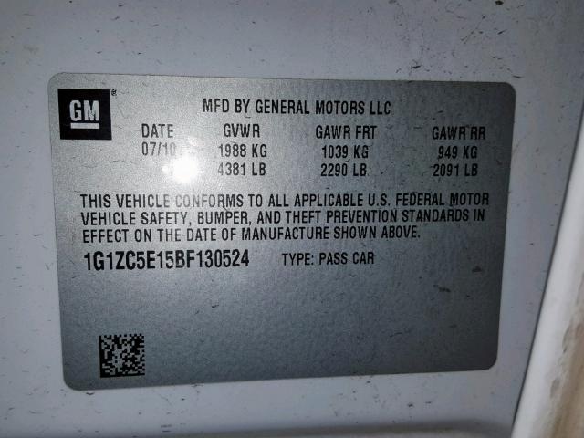 1G1ZC5E15BF130524 - 2011 CHEVROLET MALIBU 1LT თეთრი ფოტო 10