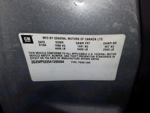 2G2WP522541290994 - 2004 PONTIAC GRAND PRIX SILVER photo 10