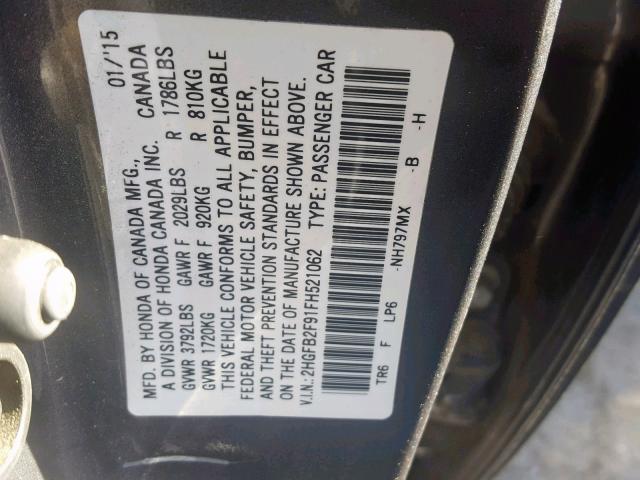 2HGFB2F91FH521062 - 2015 HONDA CIVIC EXL ნაცრისფერი ფოტო 10