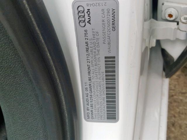 WAUBGAFC2CN007290 - 2012 AUDI A6 WHITE photo 10