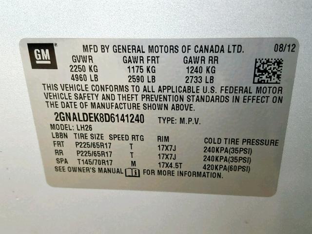 2GNALDEK8D6141240 - 2013 CHEVROLET EQUINOX LT 银色 照片 10