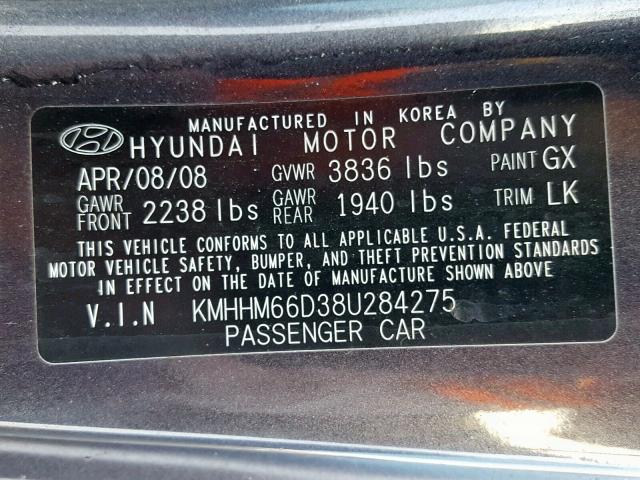 KMHHM66D38U284275 - 2008 HYUNDAI TIBURON GS GRAY photo 10