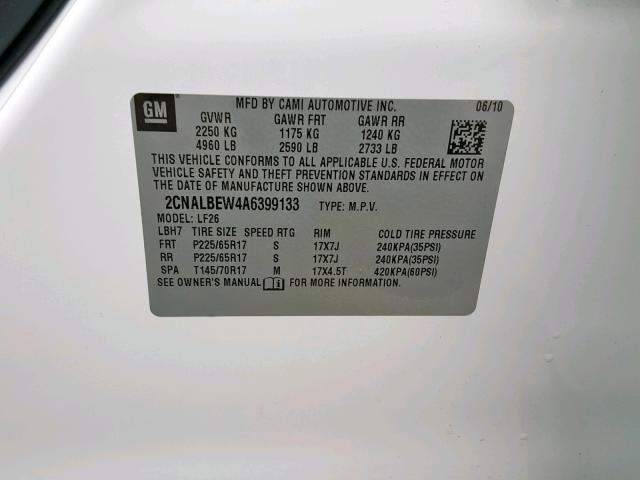 2CNALBEW4A6399133 - 2010 CHEVROLET EQUINOX LS WHITE photo 10