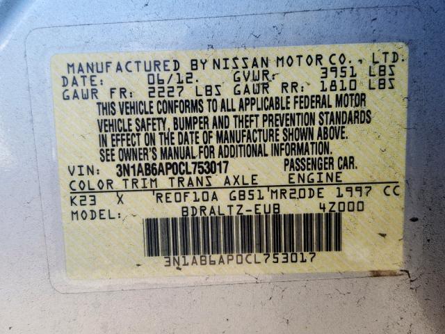 3N1AB6AP0CL753017 - 2012 NISSAN SENTRA 2.0 SILVER photo 10