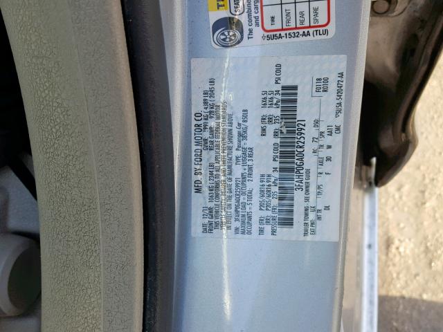 3FAHP0GA0CR259921 - 2012 FORD FUSION S SILVER photo 10