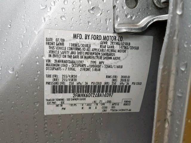 2FMHK6DT2ABA10397 - 2010 FORD FLEX LIMIT SILVER photo 10