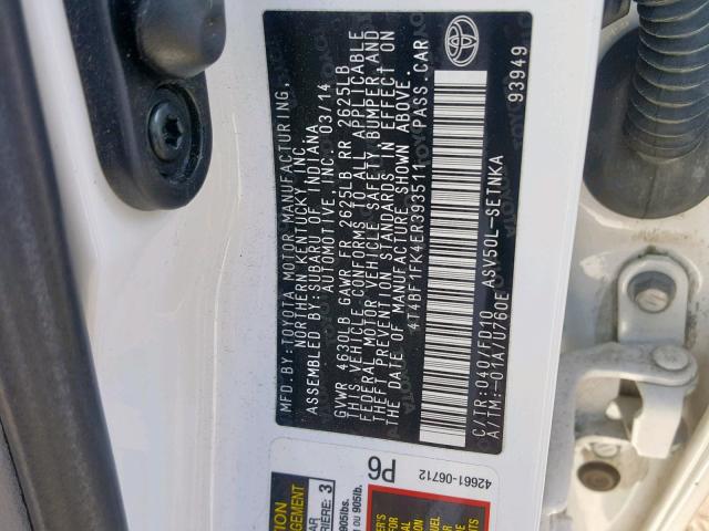 4T4BF1FK4ER393511 - 2014 TOYOTA CAMRY L 白色 照片 10