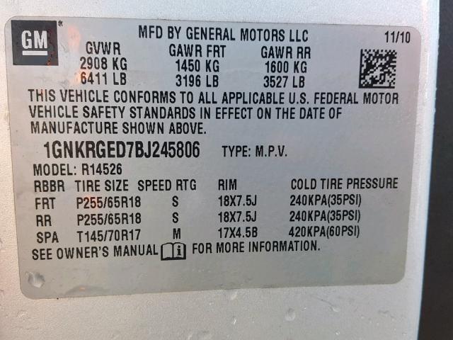 1GNKRGED7BJ245806 - 2011 CHEVROLET TRAVERSE L SILVER photo 10