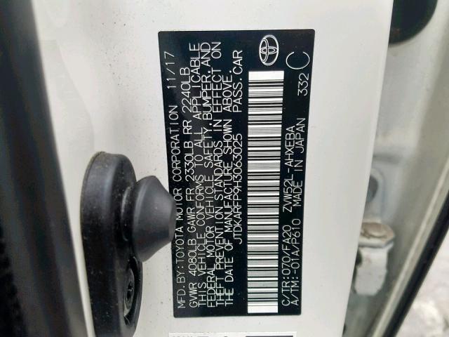 JTDKARFP9H3063025 - 2017 TOYOTA PRIUS PRIM თეთრი ფოტო 10