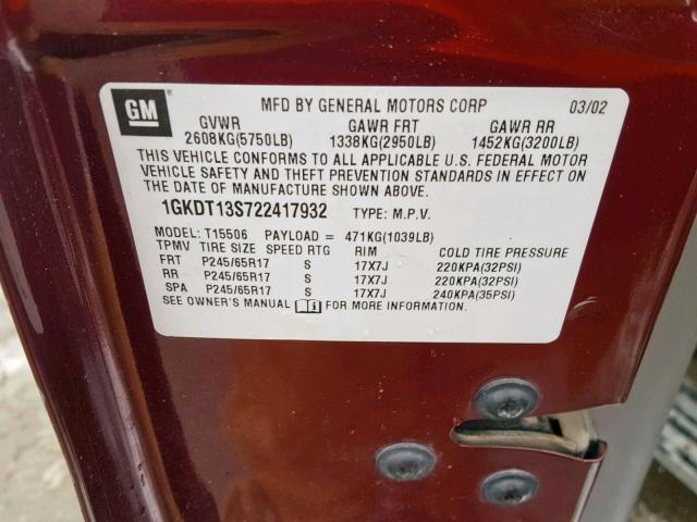 1GKDT13S722417932 - 2002 GMC ENVOY MAROON photo 10