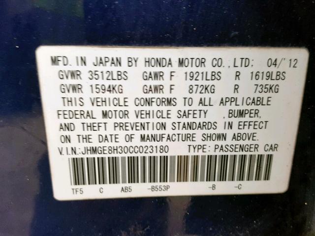 JHMGE8H30CC023180 - 2012 HONDA FIT BLUE photo 10