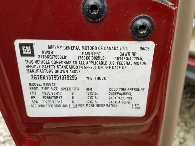 2GTEK13T951379295 - 2005 GMC NEW SIERRA RED photo 10