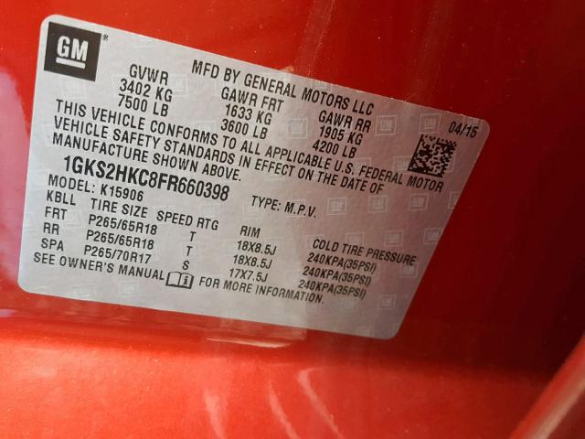 1GKS2HKC8FR660398 - 2015 GMC YUKON XL K RED photo 10