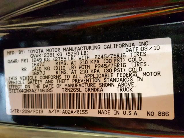 5TETX4GN3AZ746185 - 2010 TOYOTA TACOMA PRE შავი ფოტო 10