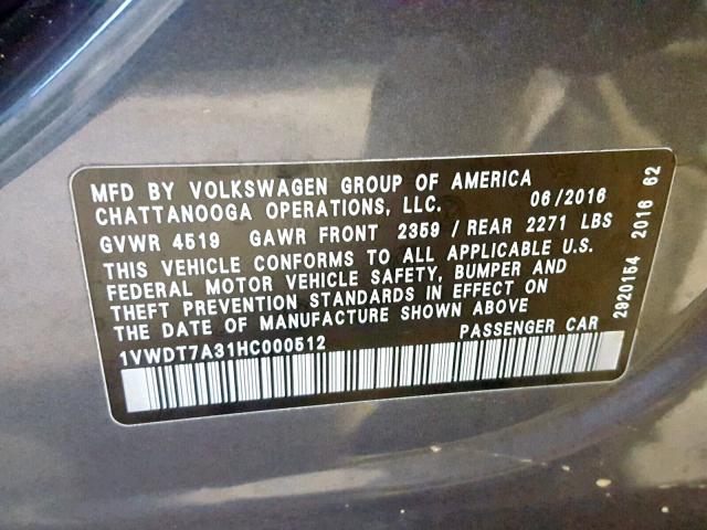 1VWDT7A31HC000512 - 2017 VOLKSWAGEN PASSAT R-L 灰色 照片 10