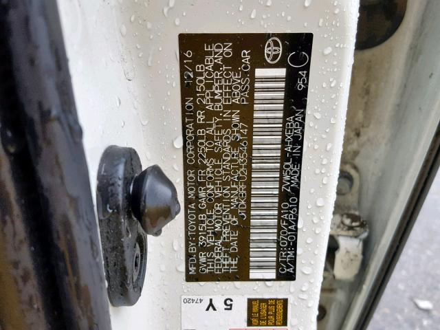 JTDKBRFU2H3546147 - 2017 TOYOTA PRIUS WHITE photo 10