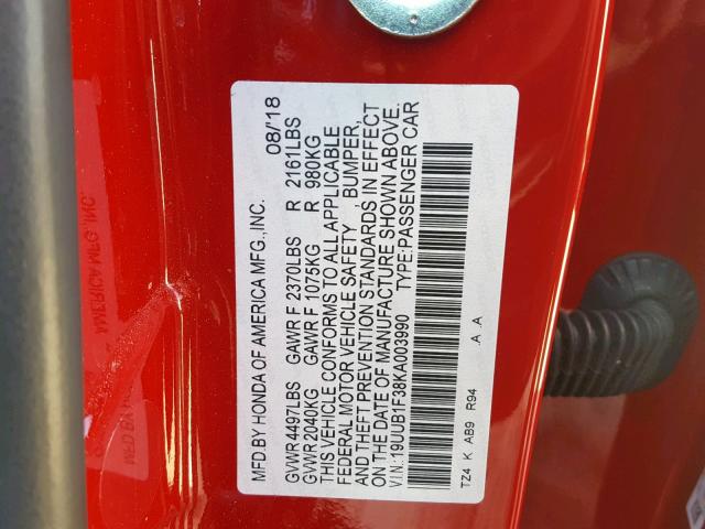 19UUB1F38KA003990 - 2019 ACURA TLX RED photo 10