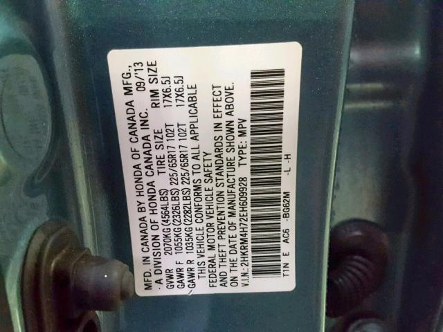 2HKRM4H72EH609928 - 2014 HONDA CR-V EXL TEAL photo 10