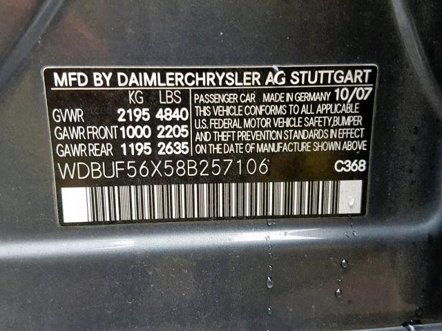 WDBUF56X58B257106 - 2008 MERCEDES-BENZ E 350 CHARCOAL photo 10