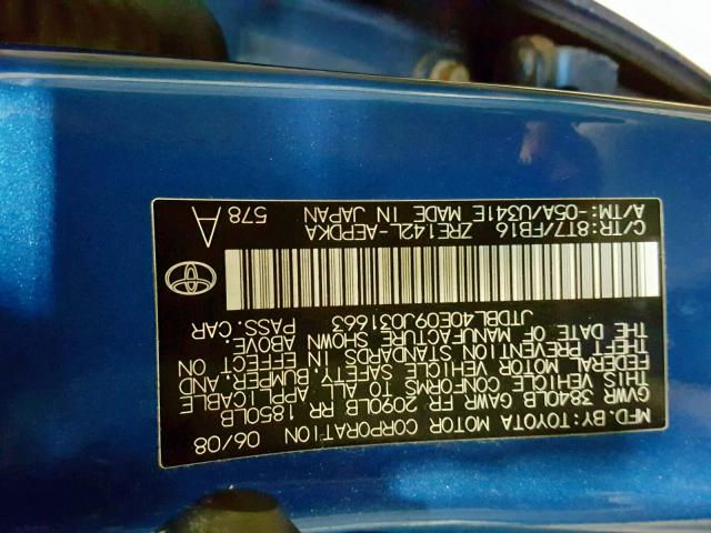 JTDBL40E09J031663 - 2009 TOYOTA COROLLA BA BLUE photo 10