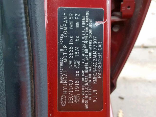 KMHCN4AC2AU477307 - 2010 HYUNDAI ACCENT GLS MAROON photo 10