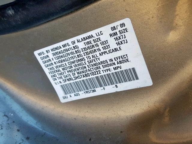 5FNRL3H57AB010222 - 2010 HONDA ODYSSEY EX BEIGE photo 10