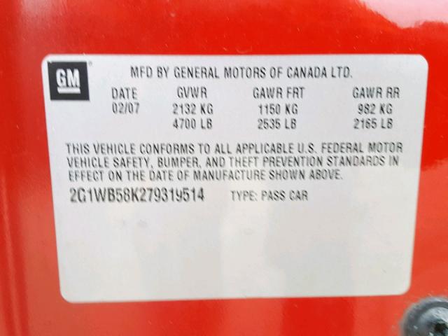 2G1WD58CX79264801 - 2007 CHEVROLET IMPALA SUP 勃艮第红 照片 10