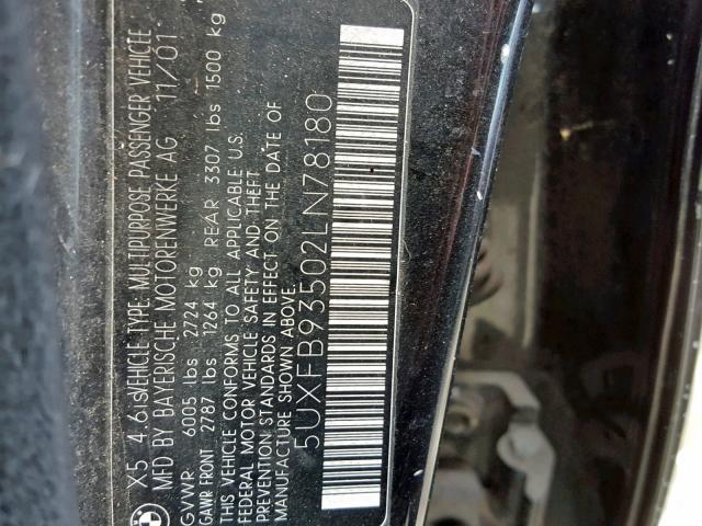 5UXFB93502LN78180 - 2002 BMW X5 4.6IS BLACK photo 10