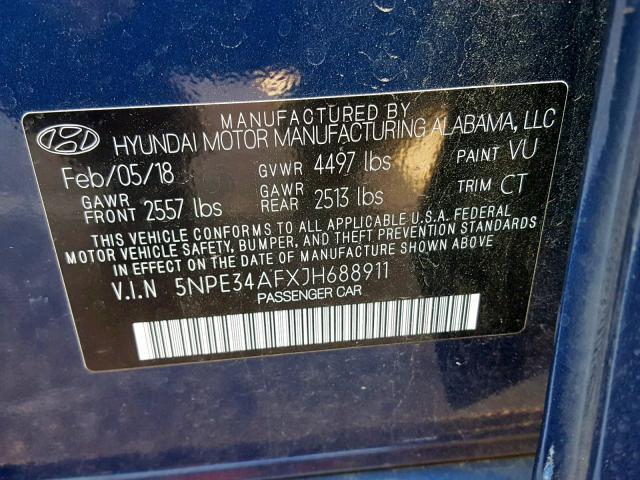 5NPE34AFXJH688911 - 2018 HYUNDAI SONATA SPO BLUE photo 10