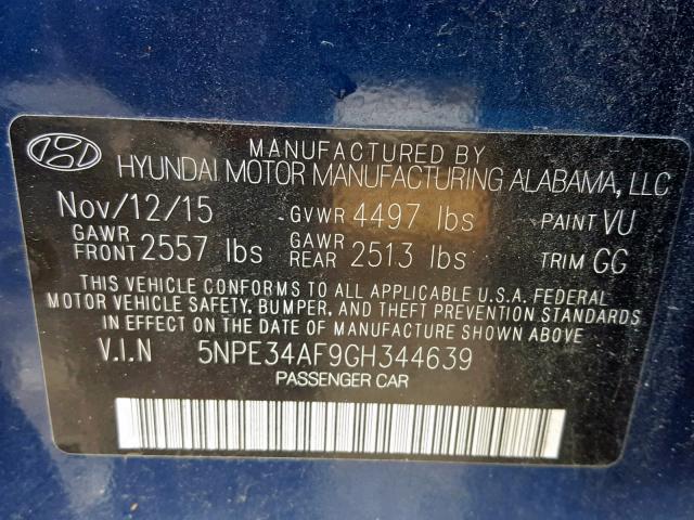 5NPE34AF9GH344639 - 2016 HYUNDAI SONATA SPO BLUE photo 10