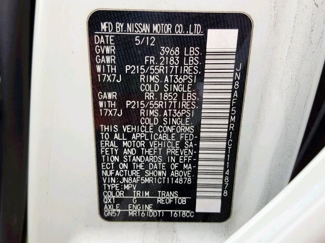 JN8AF5MR1CT114878 - 2012 NISSAN JUKE S 白色 照片 10