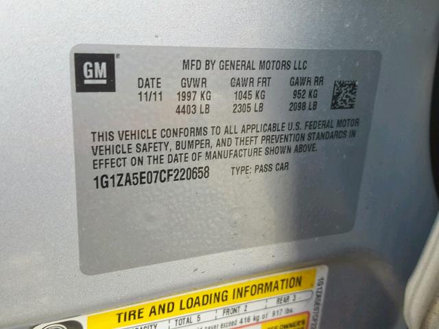 1G1ZA5E07CF220658 - 2012 CHEVROLET MALIBU LS ვერცხლისფერი ფოტო 10