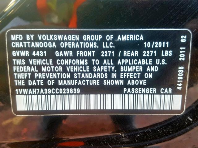 1VWAH7A39CC023839 - 2012 VOLKSWAGEN PASSAT S BLACK photo 10