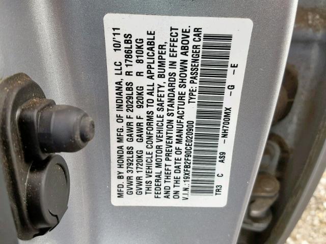 19XFB2F90CE020900 - 2012 HONDA CIVIC EXL SILVER photo 10