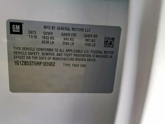 1G1ZB5ST6HF183962 - 2017 CHEVROLET MALIBU LS WHITE photo 10