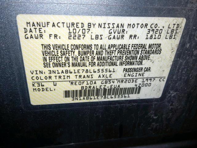 3N1AB61E78L655561 - 2008 NISSAN SENTRA 2.0 GRAY photo 10