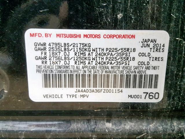 JA4AD3A36FZ001154 - 2015 MITSUBISHI OUTLANDER BLACK photo 10