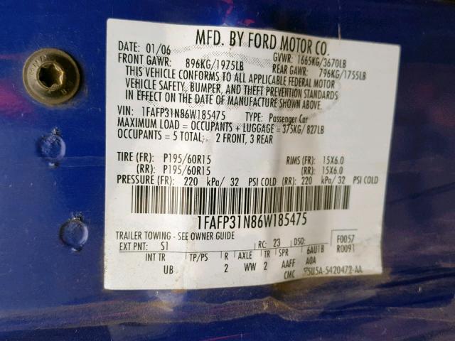 1FAFP31N86W185475 - 2006 FORD FOCUS ZX3 BLUE photo 10