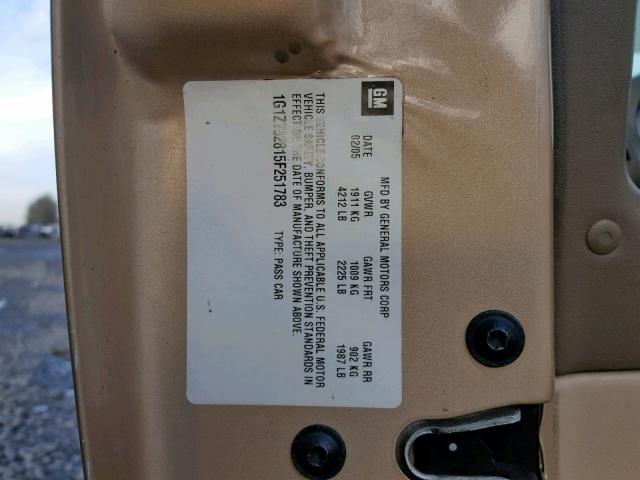 1G1ZT52815F251783 - 2005 CHEVROLET MALIBU LS ოქროსფერი ფოტო 10