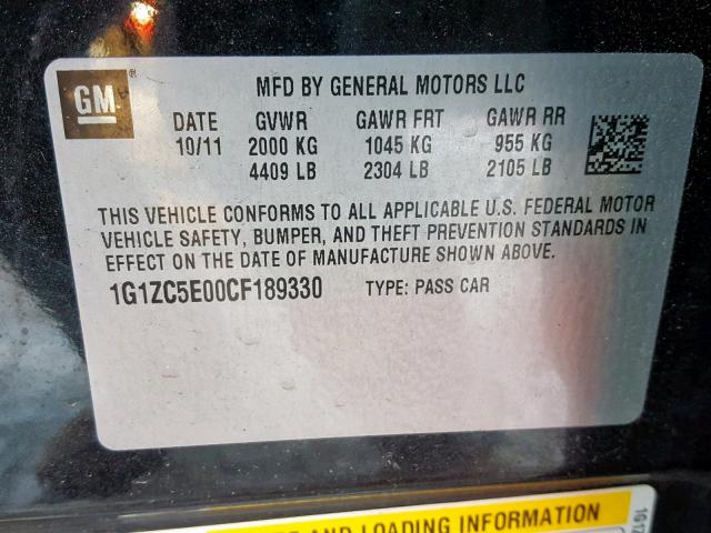 1G1ZC5E00CF189330 - 2012 CHEVROLET MALIBU 1LT გრაფიტი ფოტო 10