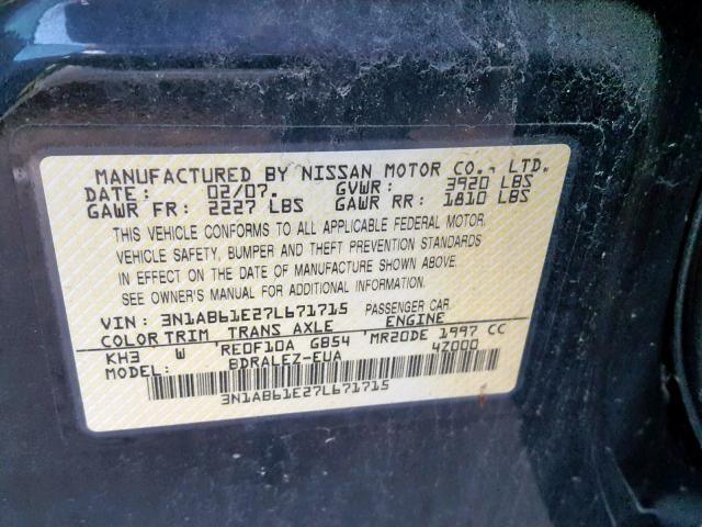 3N1AB61E27L671715 - 2007 NISSAN SENTRA 2.0 BLACK photo 10