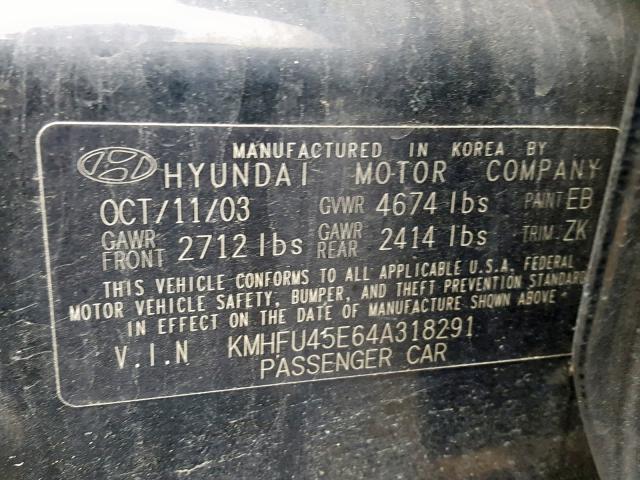 KMHFU45E64A318291 - 2004 HYUNDAI XG 350 BLACK photo 10