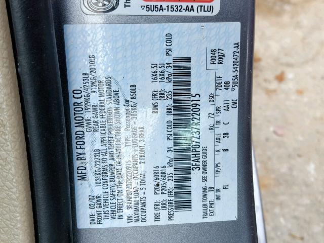 3FAHP07Z37R220915 - 2007 FORD FUSION SE GRAY photo 10