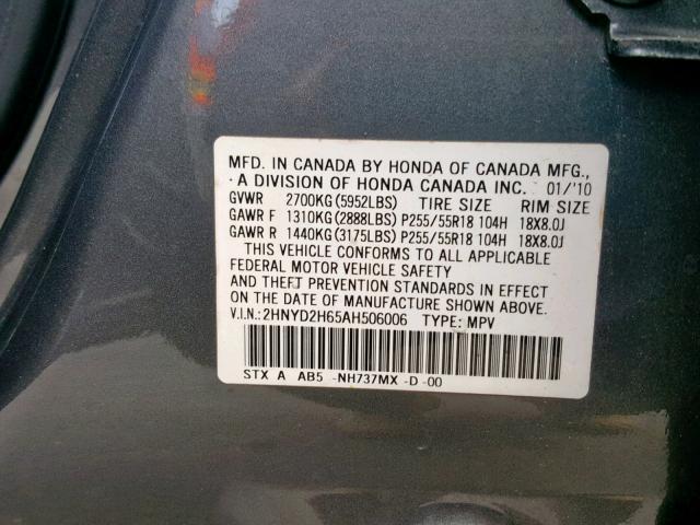 2HNYD2H65AH506006 - 2010 ACURA MDX TECHNO ვერცხლისფერი ფოტო 10