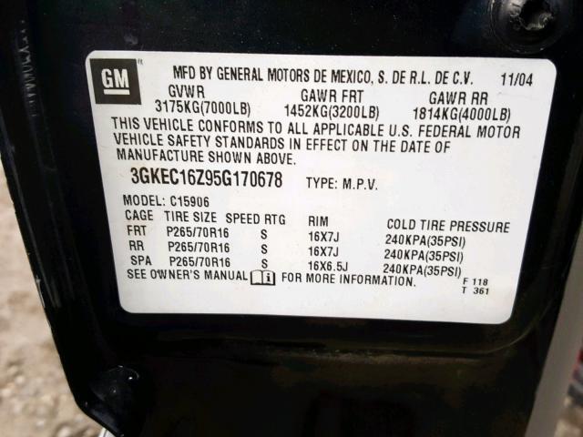 3GKEC16Z95G170678 - 2005 GMC YUKON XL C GRAY photo 10