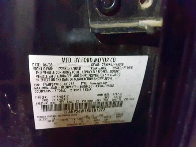 1FAHP24W18G181272 - 2008 FORD TAURUS SEL BLUE photo 10