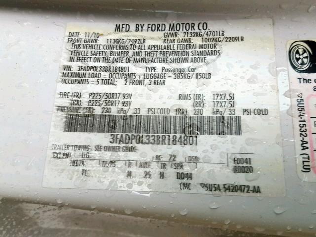 3FADP0L33BR184801 - 2011 FORD FUSION HYB WHITE photo 10