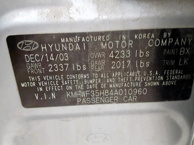 KMHWF35H84A010960 - 2004 HYUNDAI SONATA GLS Сұр фото 10