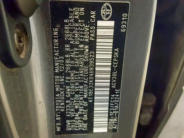 4T1BE32K04U839523 - 2004 TOYOTA CAMRY LE 灰色 照片 10