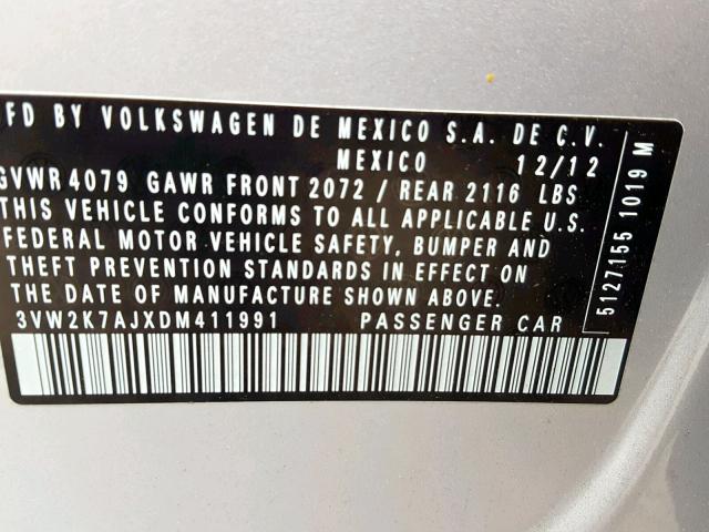 3VW2K7AJXDM411991 - 2013 VOLKSWAGEN JETTA BASE 银色 照片 10